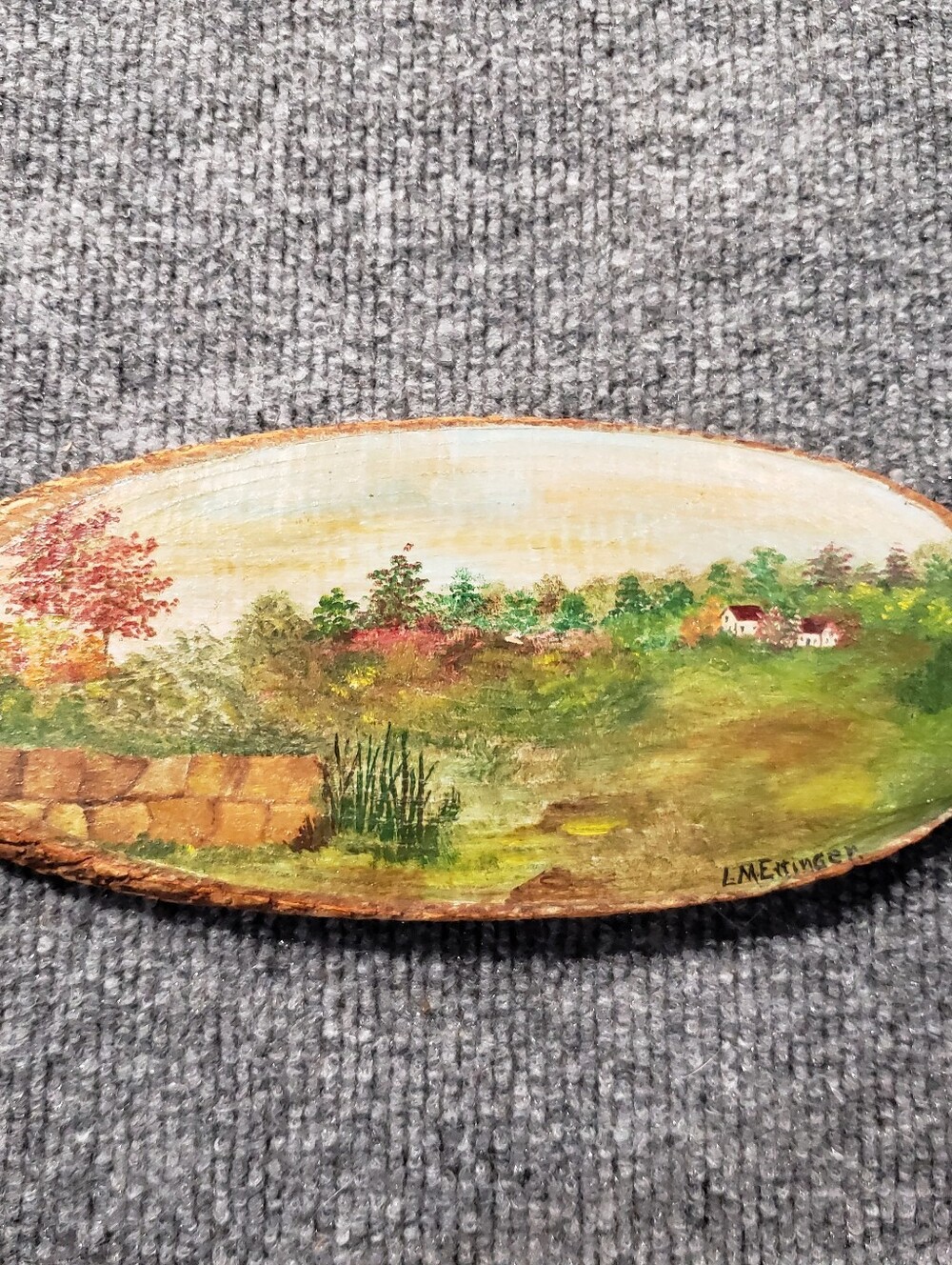 VTG  Hand Painted Wood Slice Wall Hanging Woodland Scene Signed by Artist
